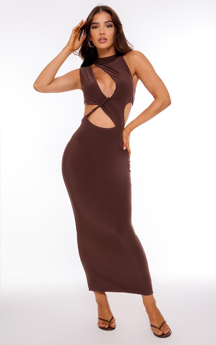  Chocolate Double Layer Twist Front Button Detail Maxi Dress Product Image