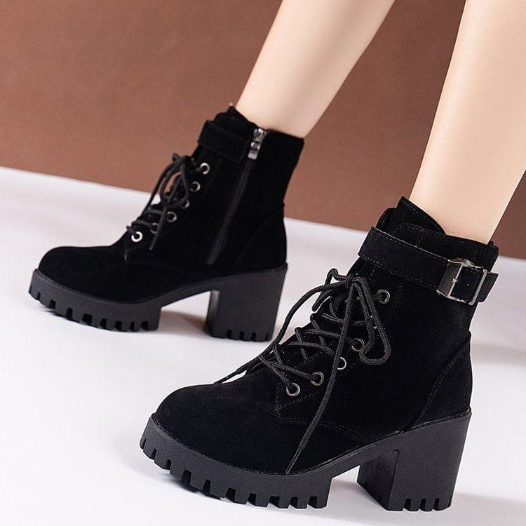 Faux Leather Buckled Lace-Up Ankle Boots product image