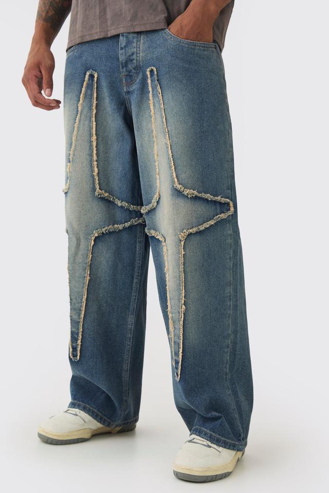 Baggy Fit Rigid Large Distressed Star Jeans | boohooMAN USA Product Image