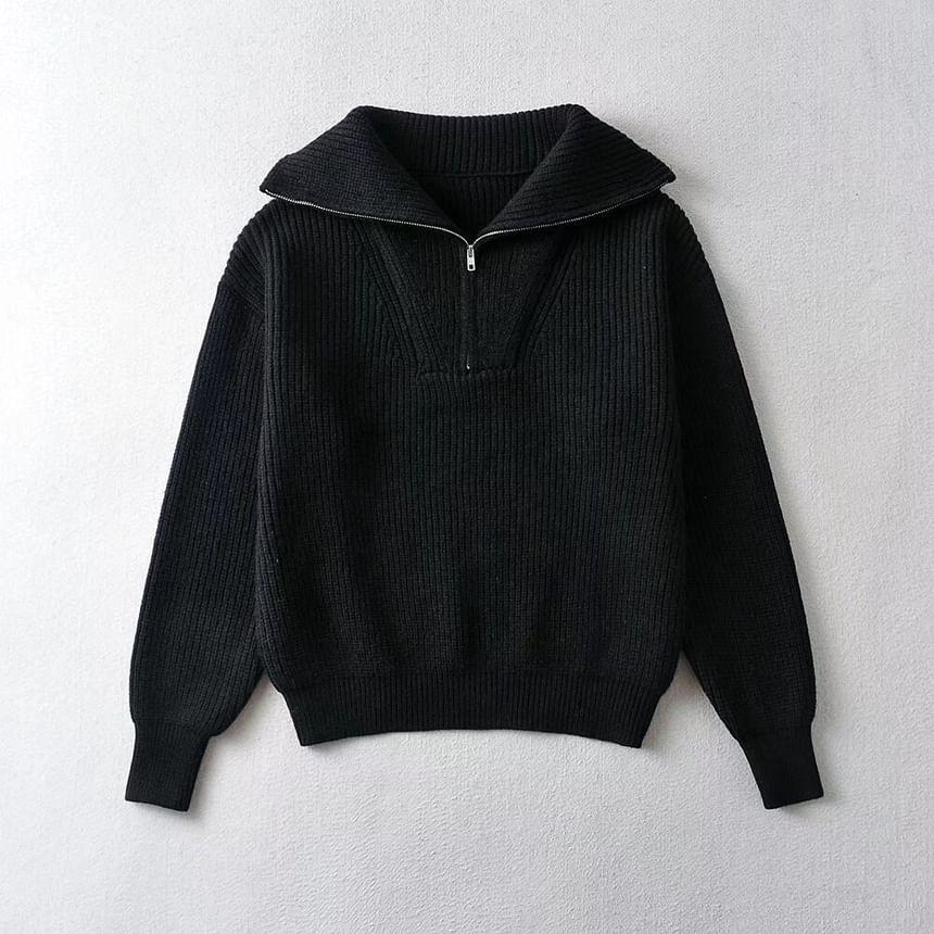 Half-Zip Plain Ribbed Sweater Product Image