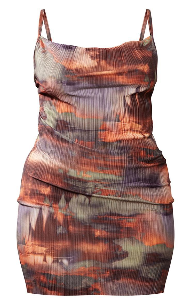 Plus Brown Grunge Printed Plisse Cowl Neck Bodycon Dress Product Image