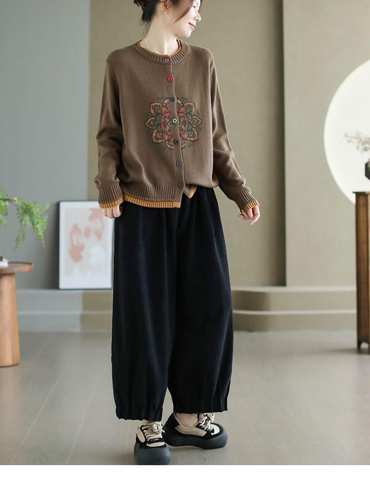 Round Neck Mandala Patterned Mock Two Piece Cardigan Product Image