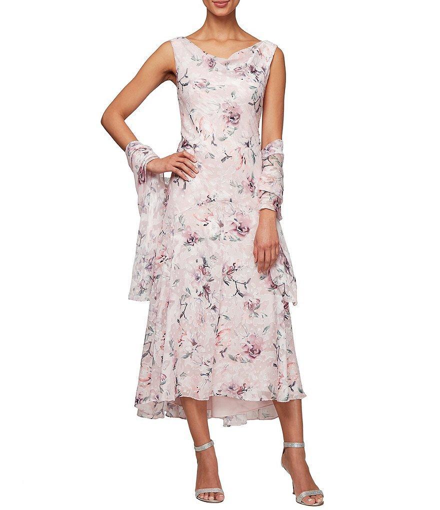 Alex Evenings Cowl Neck Burnout Floral Print Sleeveless Midi Shawl Dress Product Image