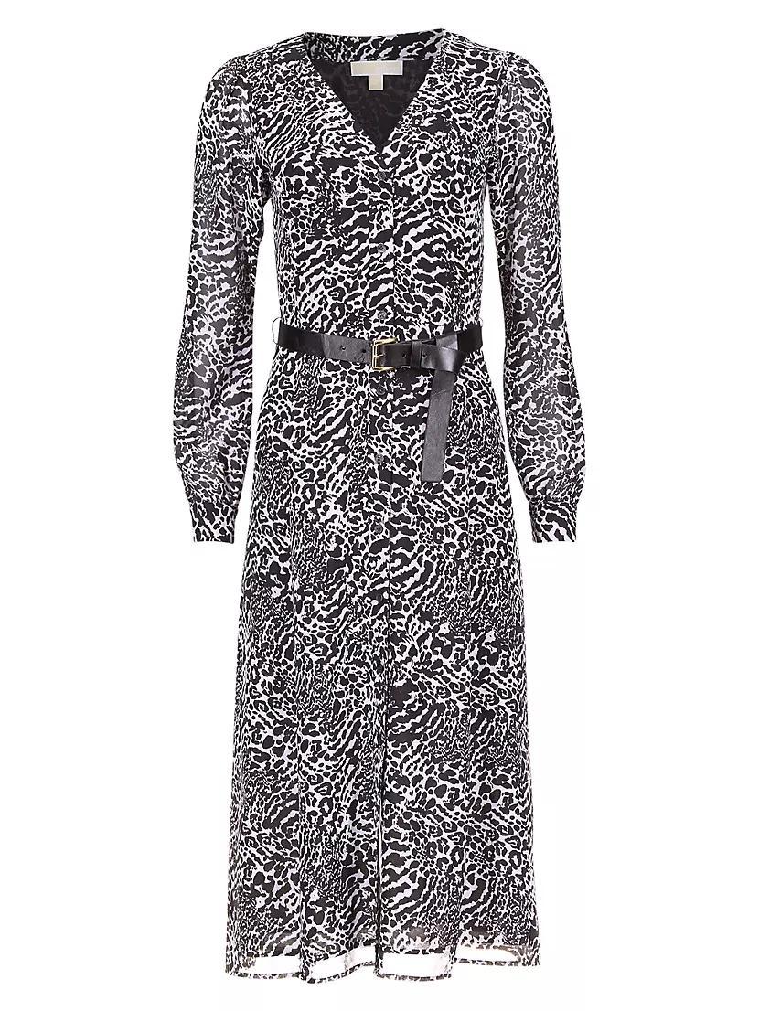 Animal-Print Belted Midi-Shirtdress Product Image