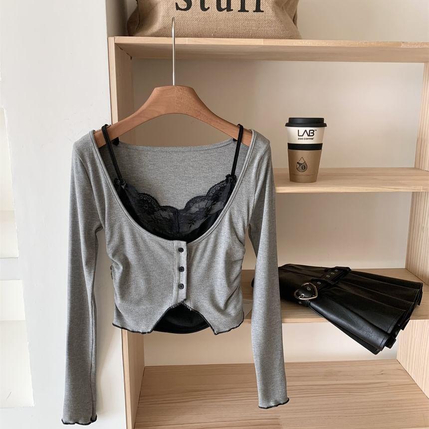 Mock Two-Piece Long-Sleeve Square Neck Button-Up Crop Top Product Image