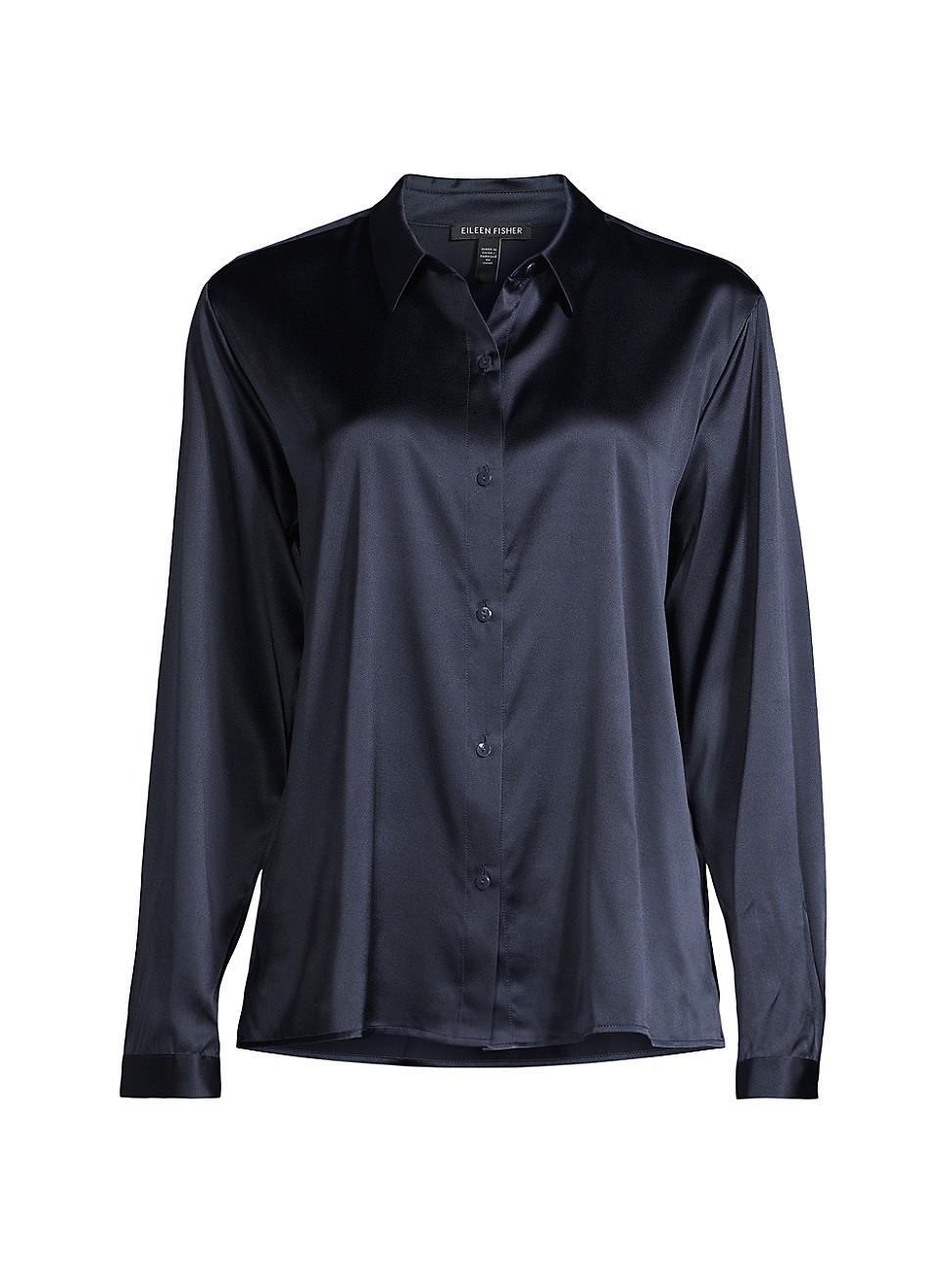 Point-Collar Button-Down Satin Blouse Product Image