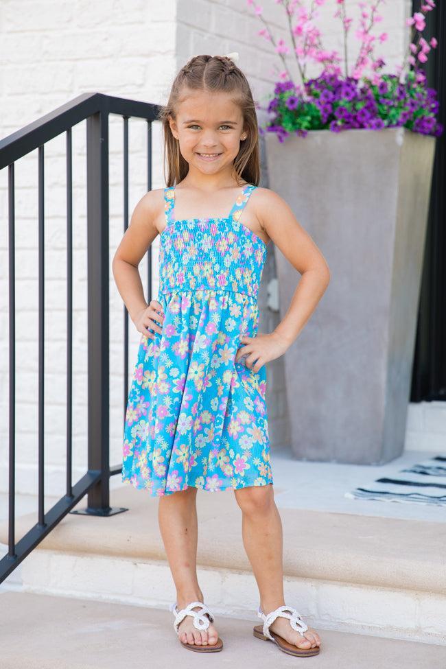 Kid's Sunny Skies Blue Floral Mini Dress Product Image