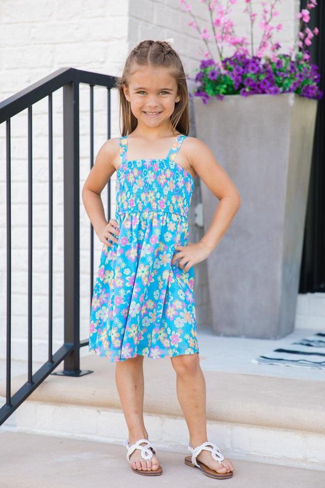 Kid's Sunny Skies Blue Floral Mini Dress Product Image