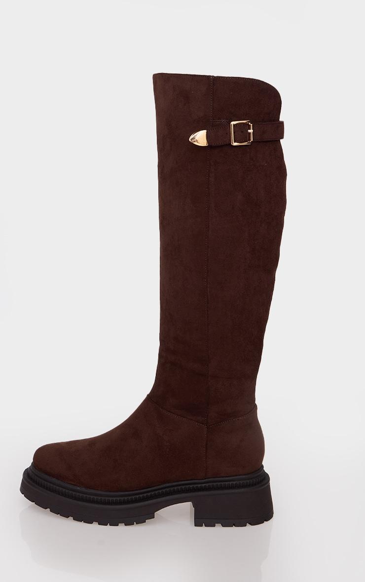 Chocolate Faux Suede Round Toe Chunky Sole Knee High Boots Product Image