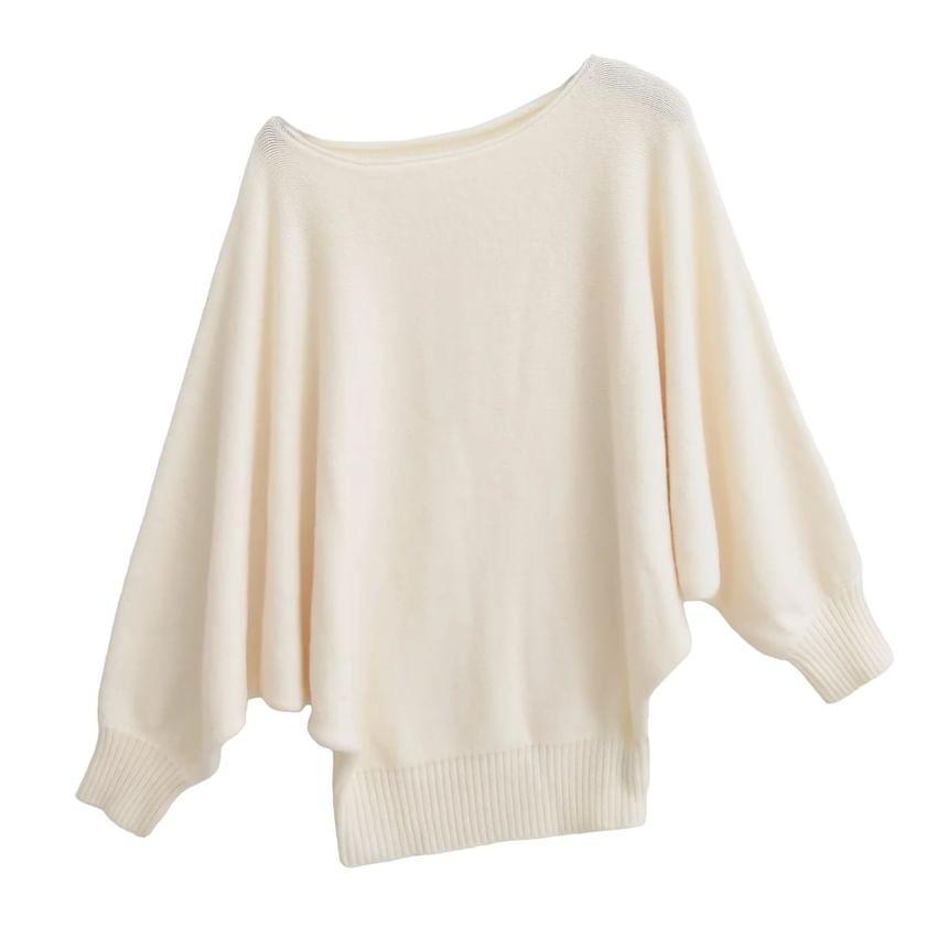 Set: Cold-Shoulder Puff-Sleeve Plain Sweater + High Waist Shorts Product Image