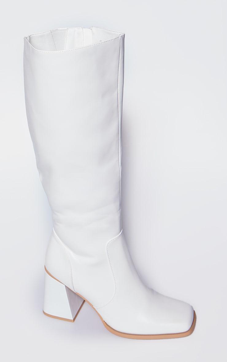 White PU Square Toe Flare Block Heel Knee High Boots Product Image