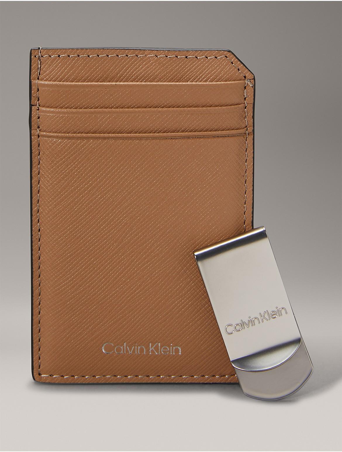 Calvin Klein Mens Refined Saffiano Card Case + Money Clip - Brown Product Image