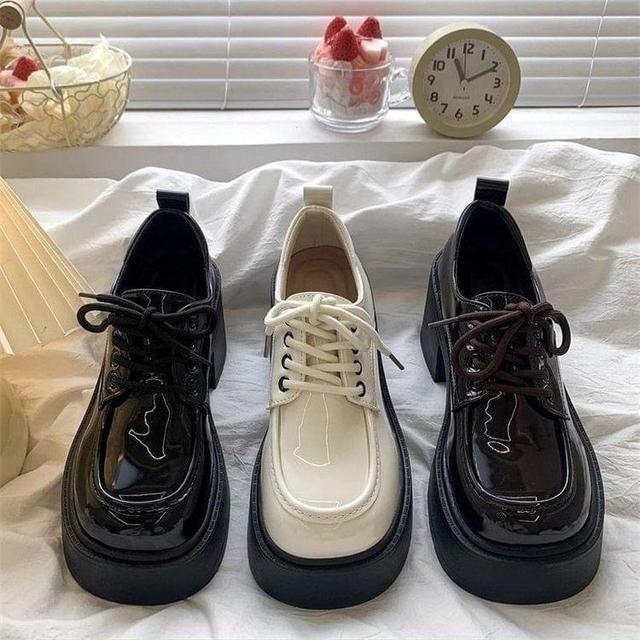 Platform Plain Lace-Up Patent Leather Shoes Product Image