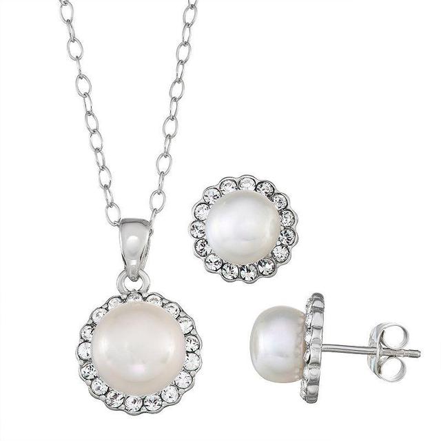 Sterling Silver Cultured Freshwater Pearl & Crystal Halo Pendant & Earrings Set, Womens Product Image