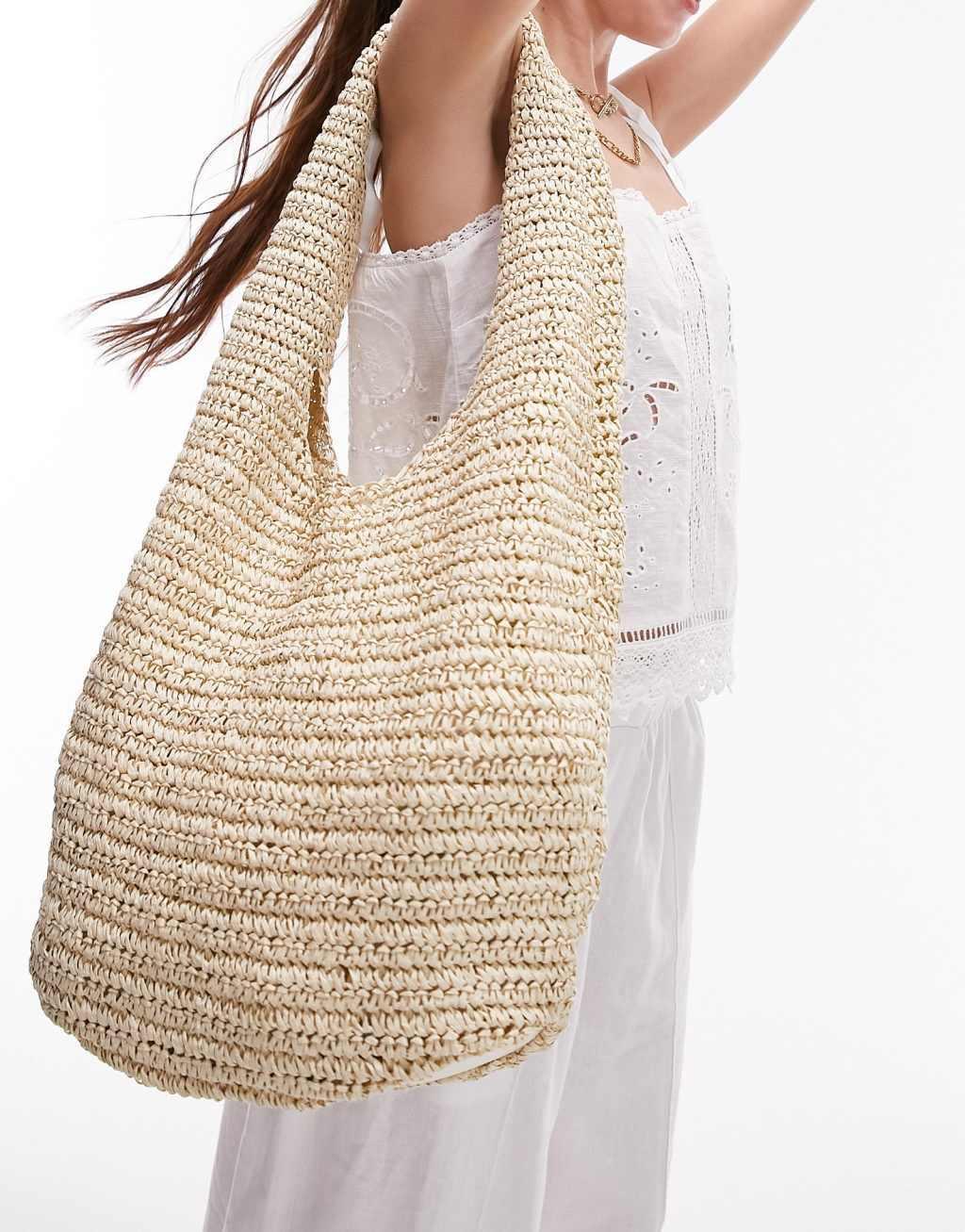 Topshop Tara unlined straw scoop shoulder bag in natural Product Image