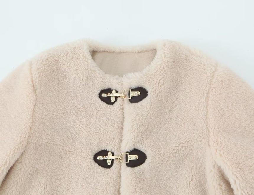 Collarless Plain Buckle Button Fleece Jacket Product Image