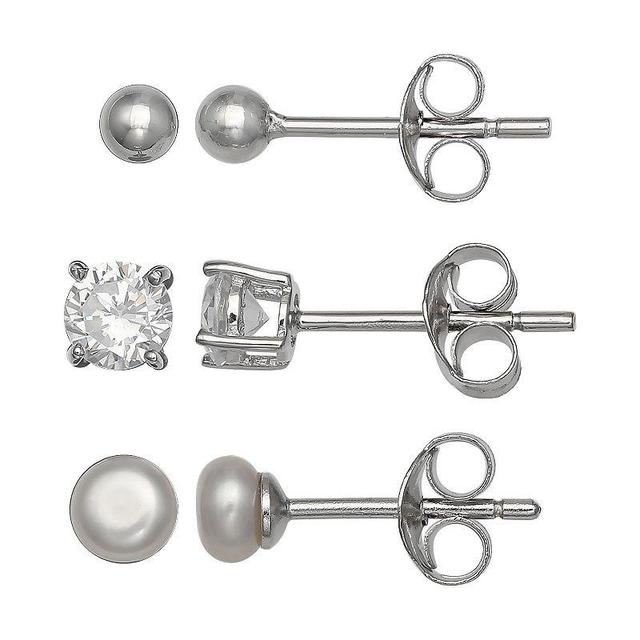 PRIMROSE Sterling Silver Freshwater Cultured Pearl & Cubic Zirconia Stud Earring Set, Womens, Grey Product Image