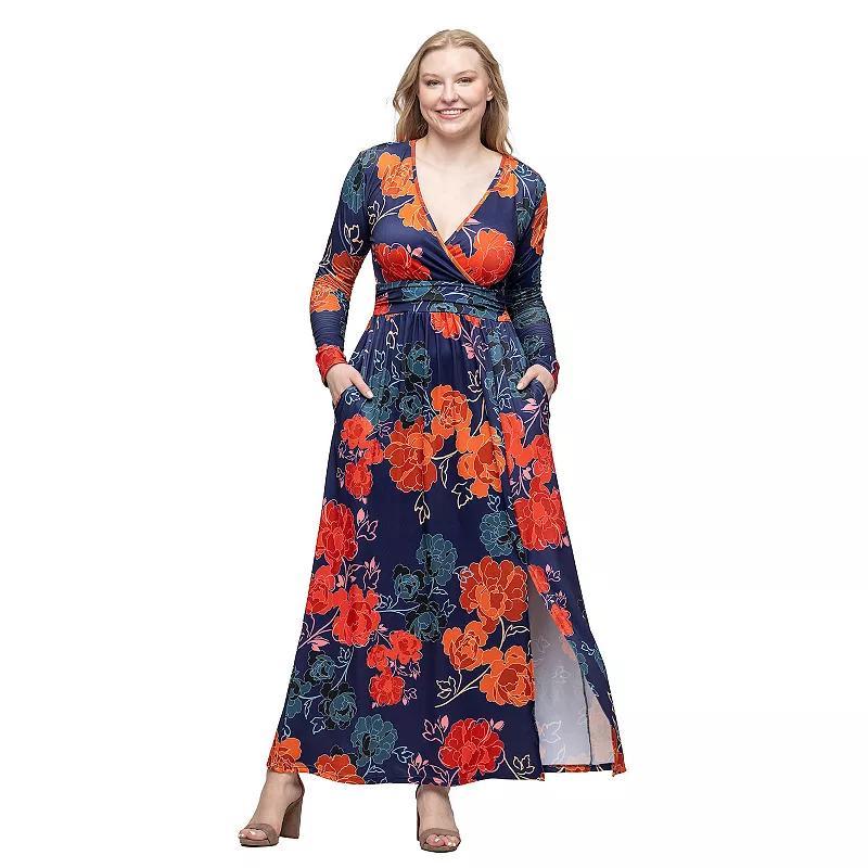 Womens 24Seven Comfort Apparel Floral Print Long Sleeve Side Slit Maxi Dress Blue Team Product Image