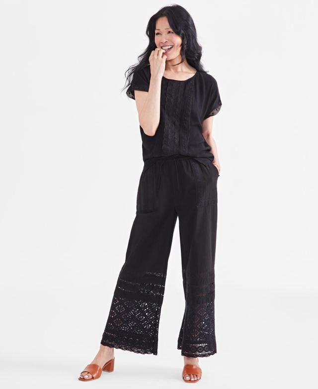 Style & Co Womens Cotton Crochet Wide-Leg Pull-On Pants, Created for Macys Product Image