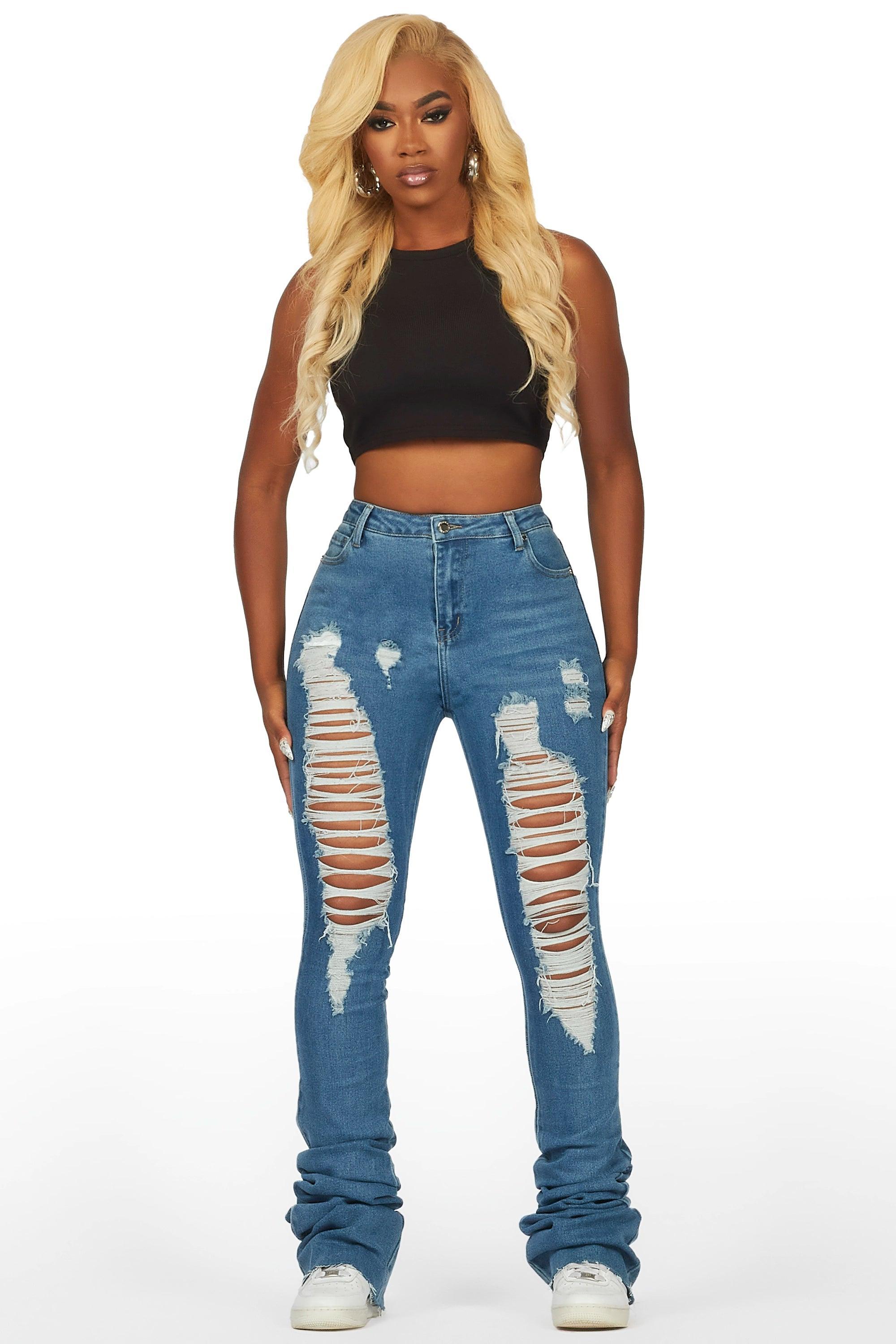 Yours Truly Med. Wash Distressed Super Stacked Jean Female Product Image