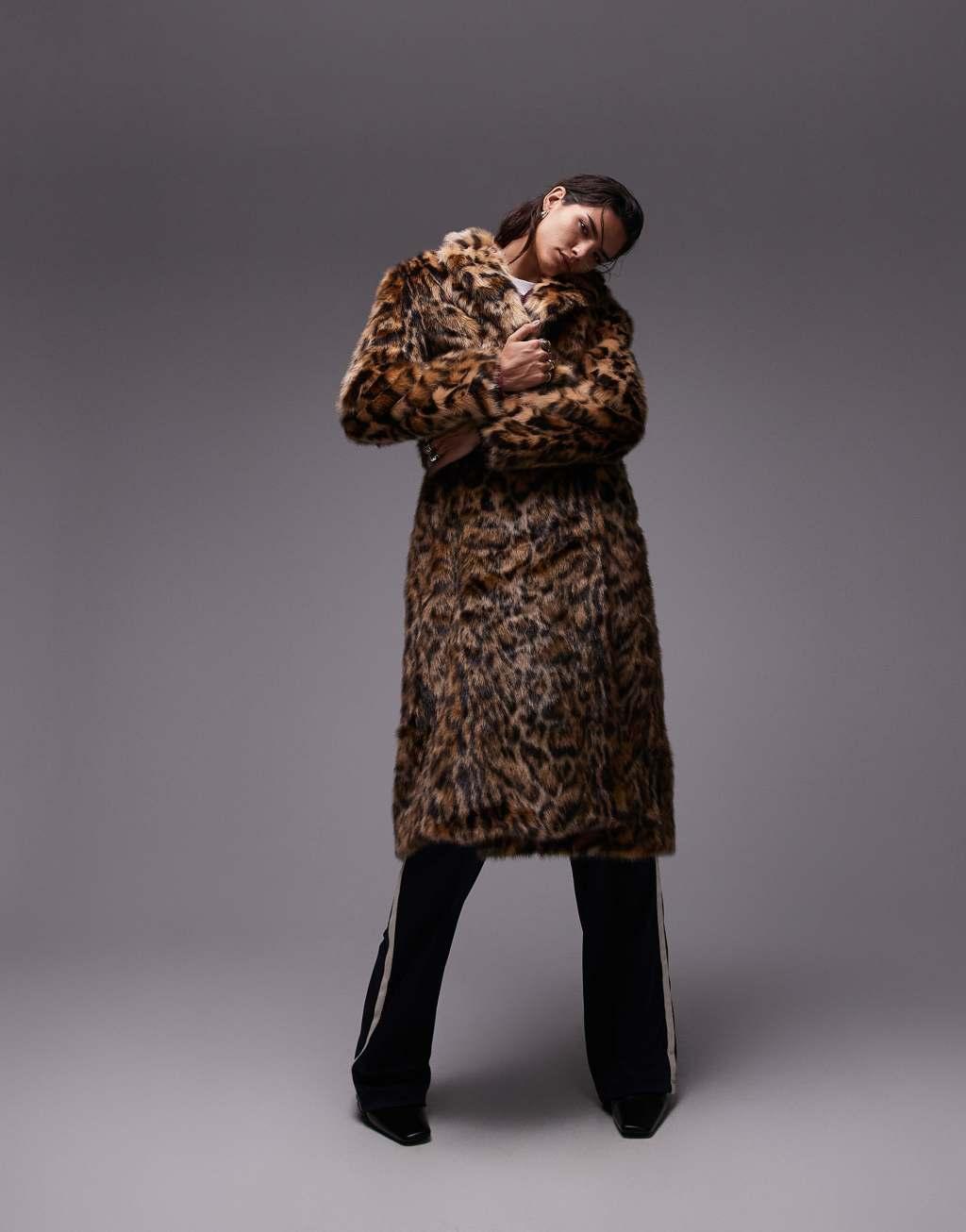 Topshop animal faux fur long coat in multi Product Image