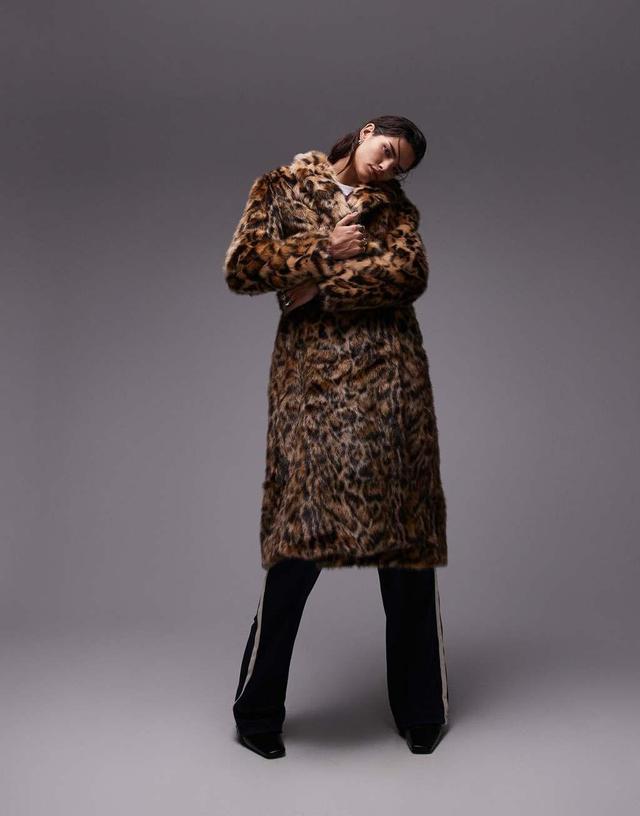 Topshop animal faux fur long coat in multi Product Image