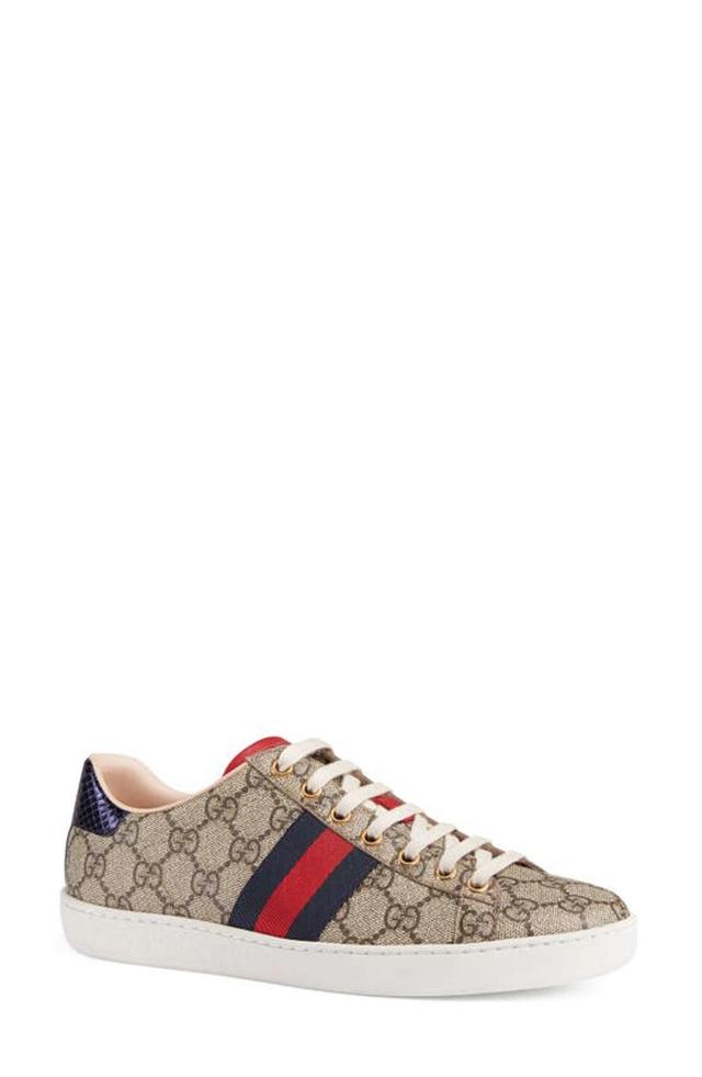 Ace Gg Supreme Metallic Watersnake-trimmed Logo-print Coated-canvas Sneakers In Beige Product Image