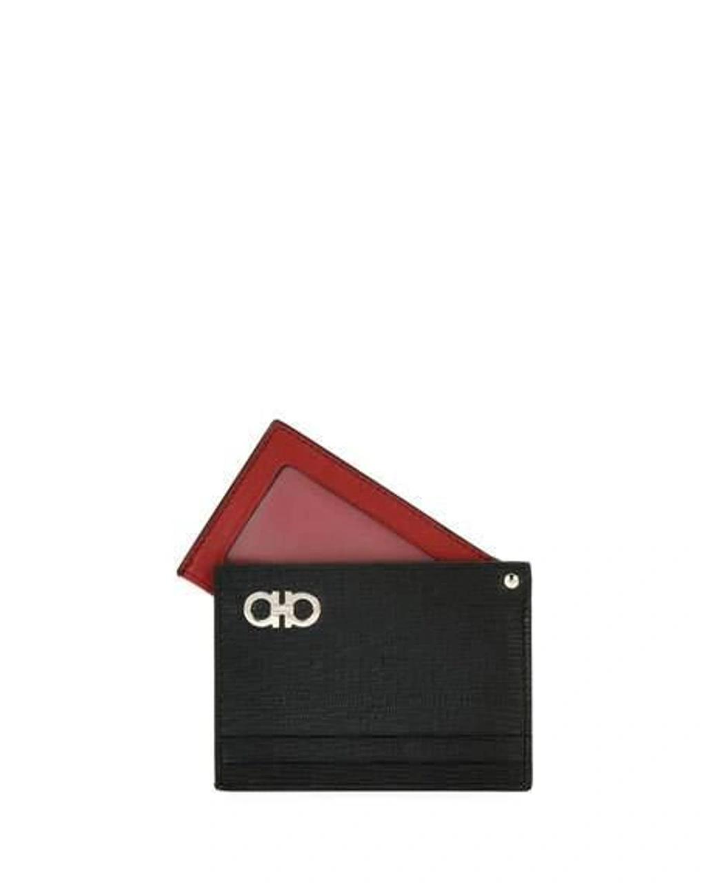 FERRAGAMO Men's Revival Gancini Leather Card Case With Flip-out Id Window, Black/red Product Image