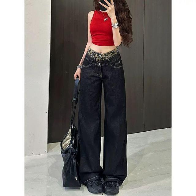 Mid Waist Mock Two-Piece Leopard Print Panel Wide Leg Jeans Product Image