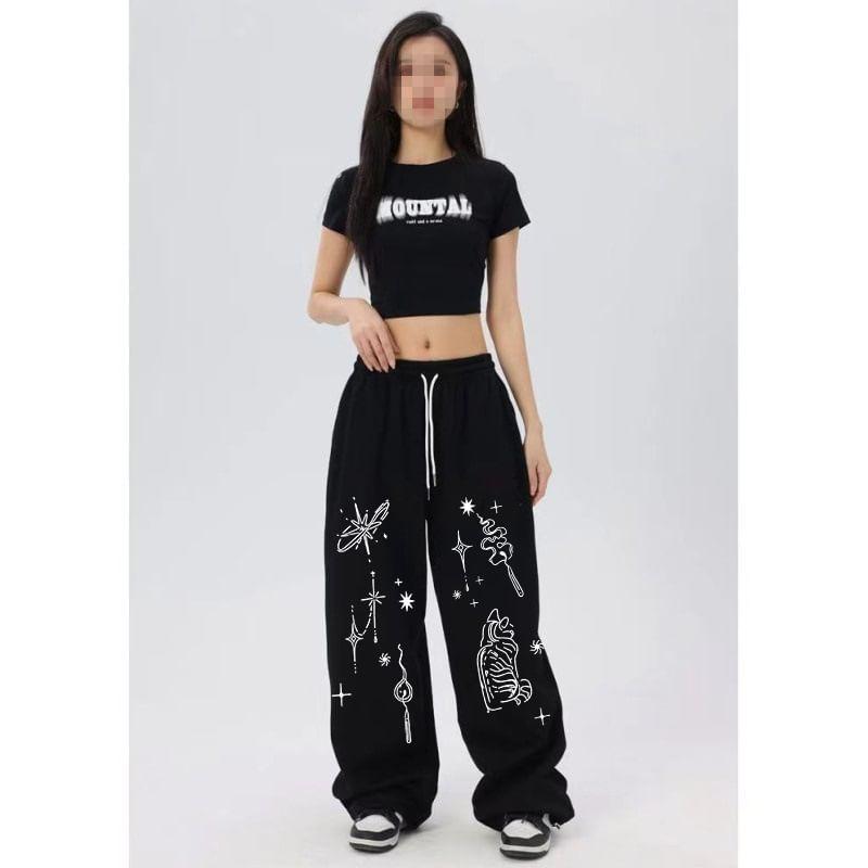 Drawstring Waist Patterned Print Wide Leg Sweatpants Product Image