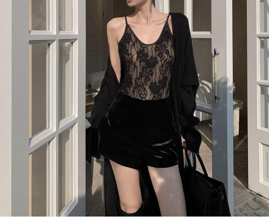 Spaghetti Strap Plain Backless Lace Bodysuit Top Product Image