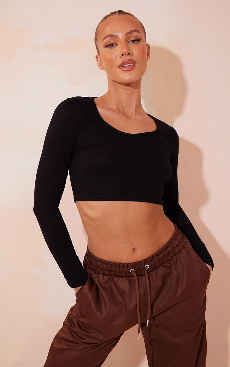 Black Long Sleeve V Neck Crop Top Product Image