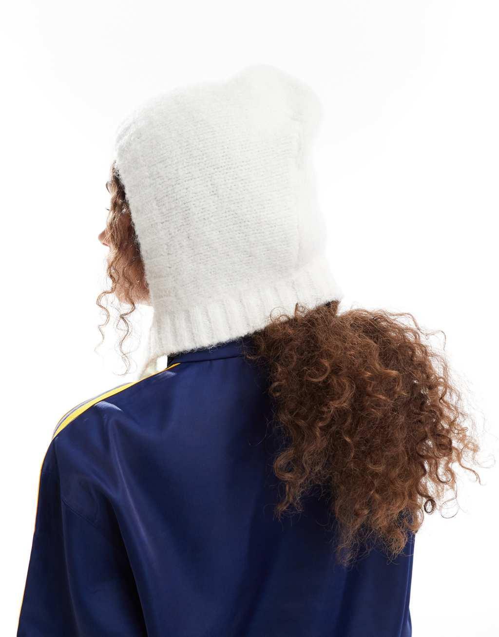 Monki knitted bonnet tie up balaclava hood in off white Product Image