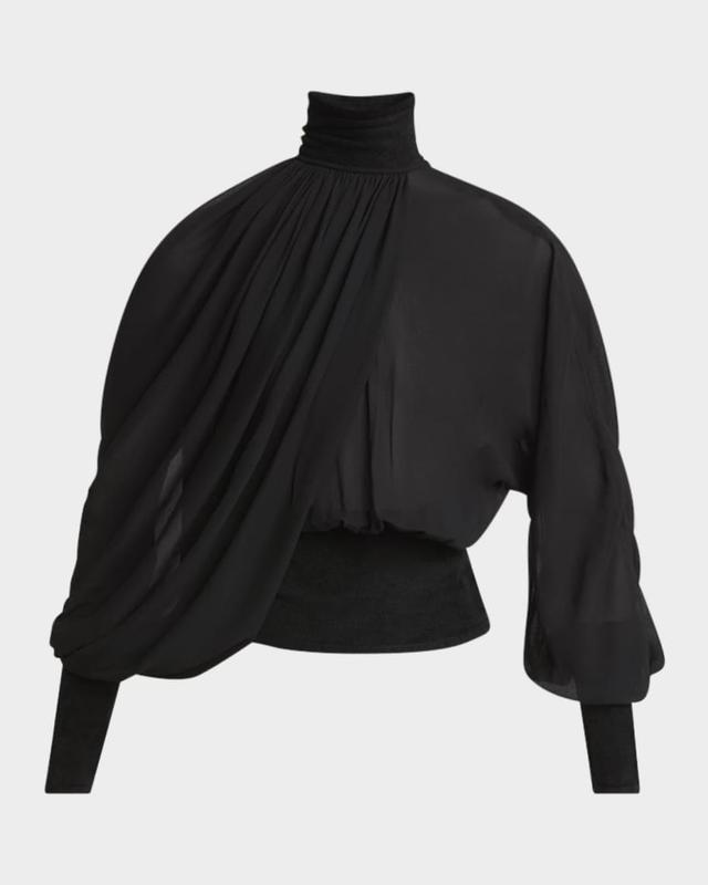 Turtleneck Long-Sleeve Cape  Blouse Product Image