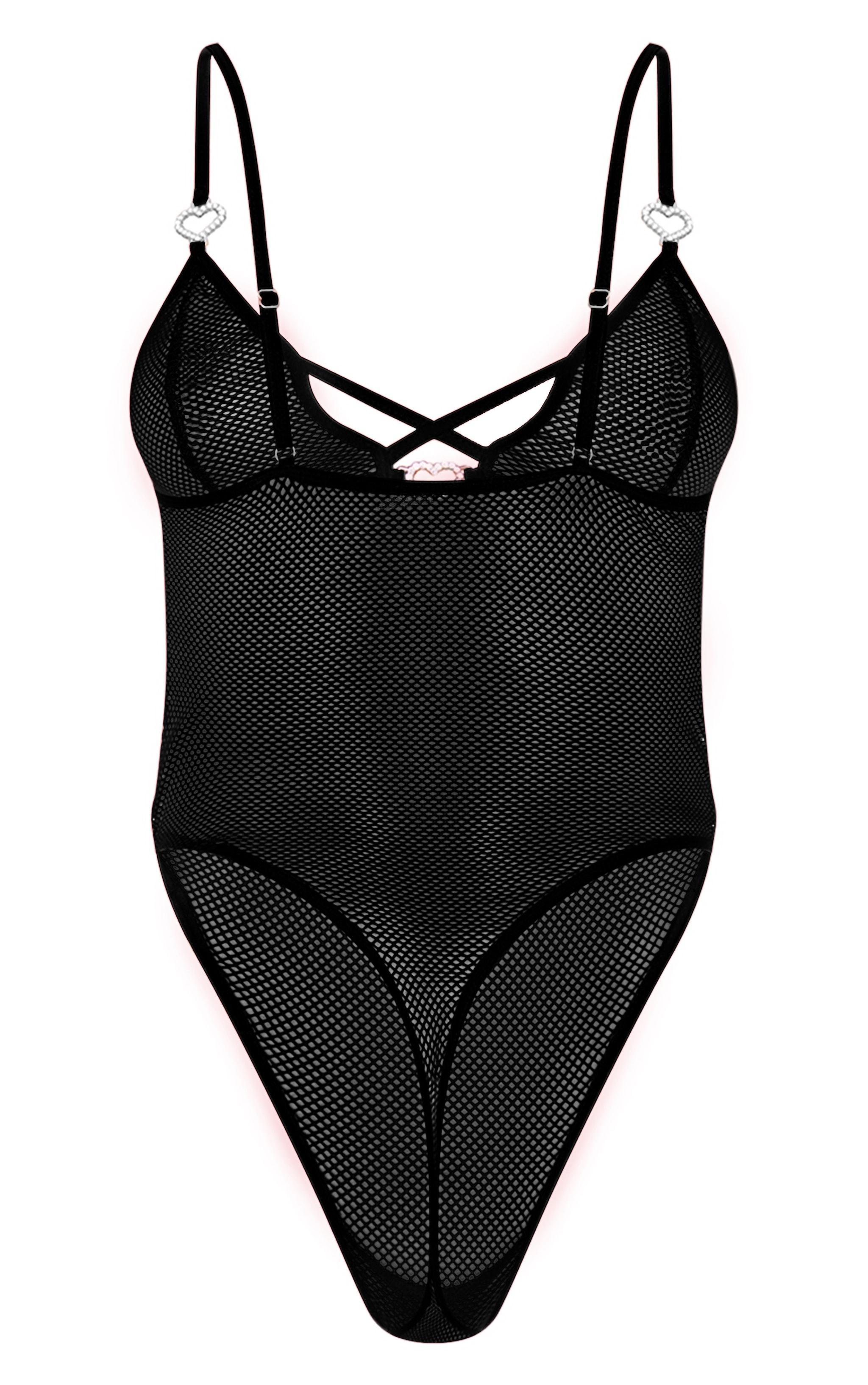 Black Fishnet Diamante Heart Lingerie Bodysuit Product Image