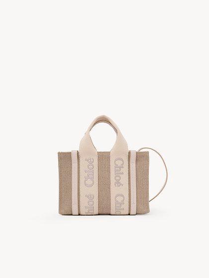 Mini Woody tote bag in linen & leather Product Image