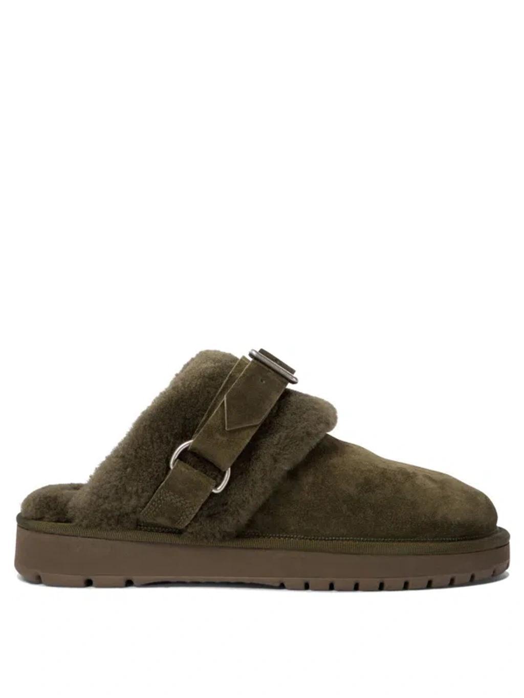 BURBERRY Suede And Shearling Chubby Mules In Green Product Image