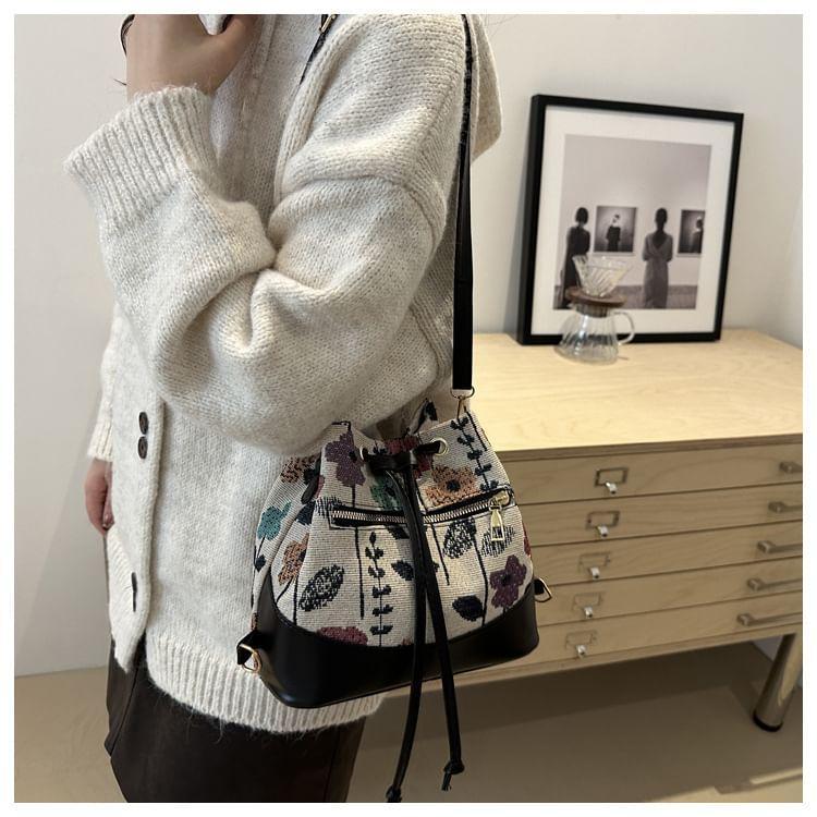 Floral Jacquard Faux Leather Panel Drawstring Backpack Product Image