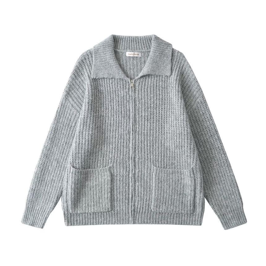 Plain Collared Zip Cardigan Product Image