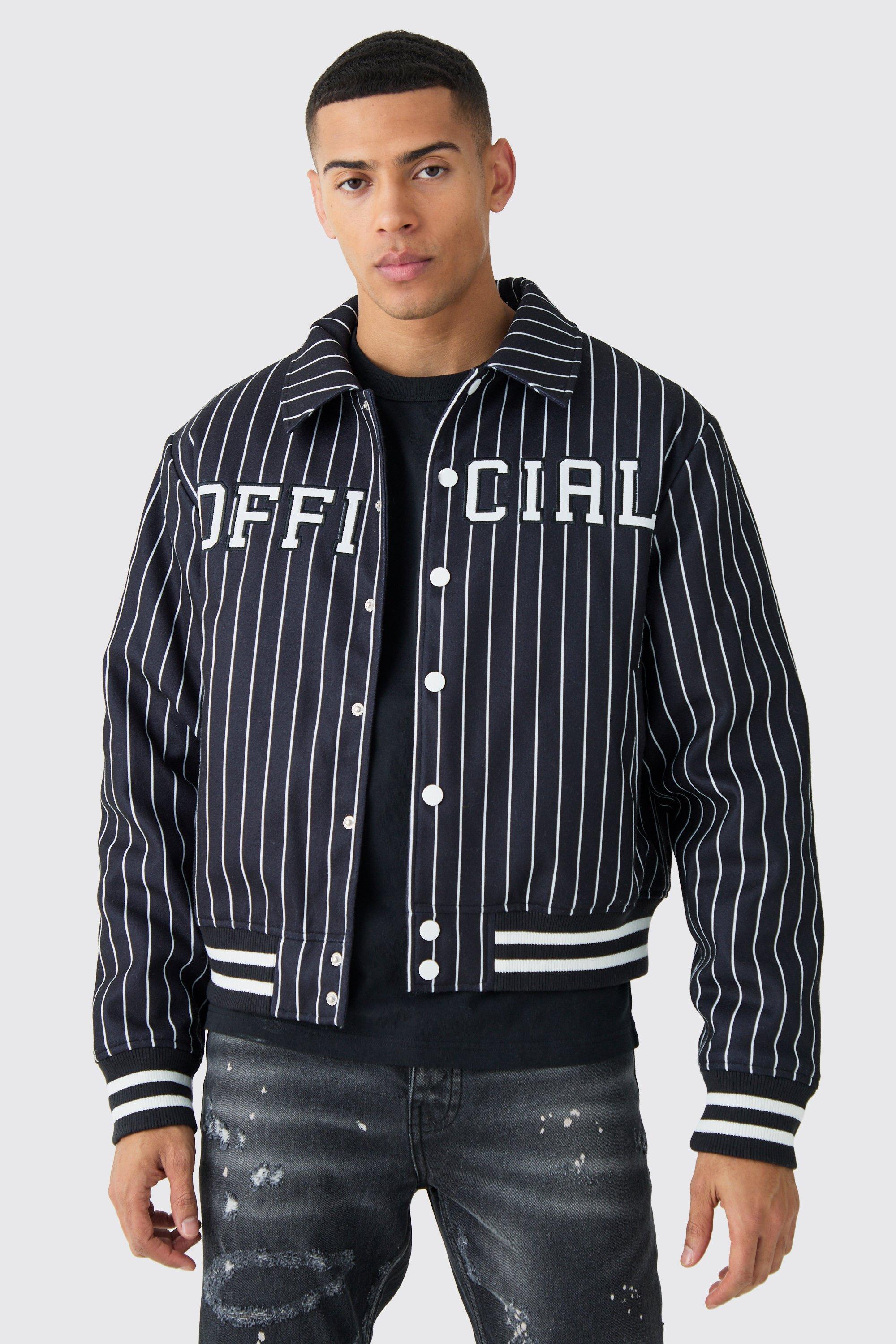 Official Pinstripe Varsity Bomber | boohooMAN USA Product Image