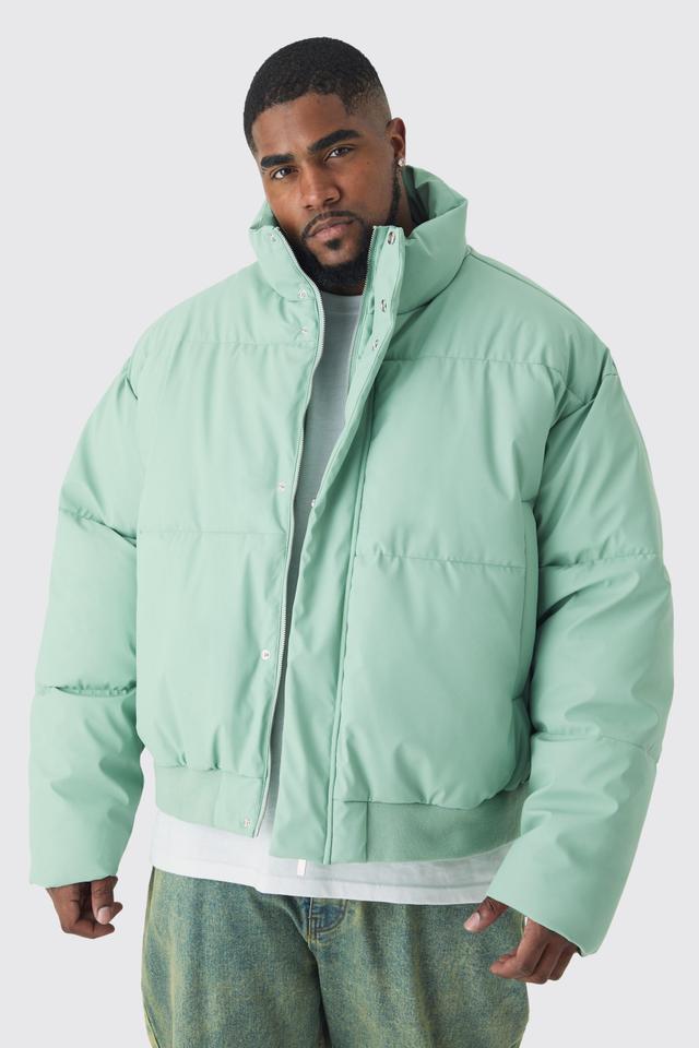 Plus Matte Pu Funnel Neck Puffer In Sage | boohooMAN USA Product Image