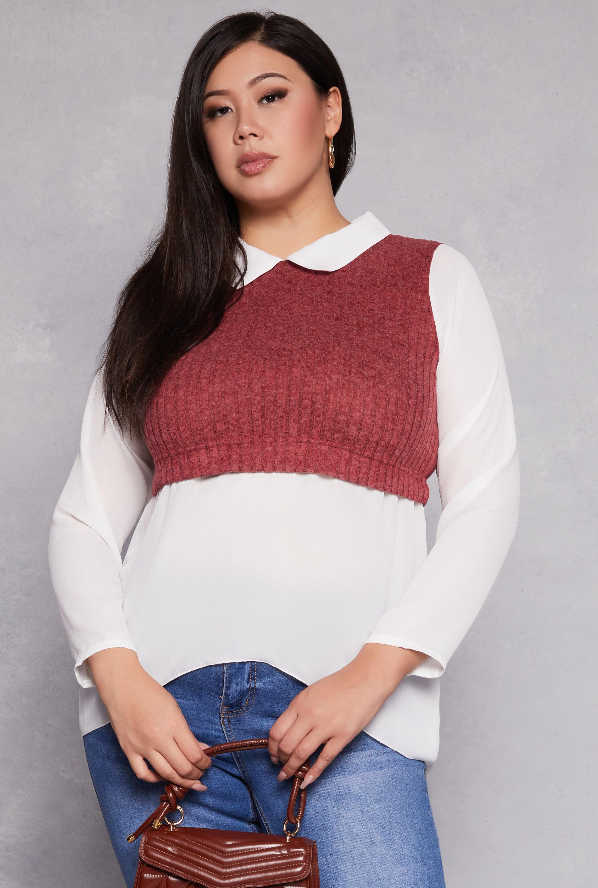 Womens Plus Size Brushed Knit Sweater Vest Blouse Product Image