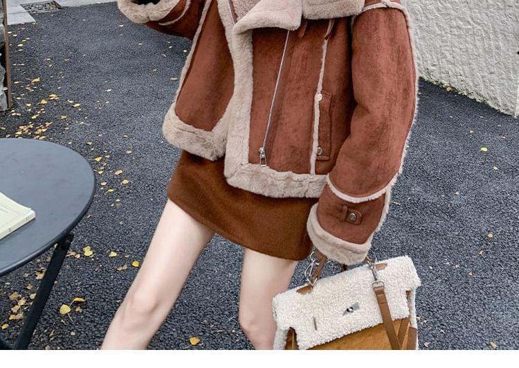 Collared Panel Faux Shearling Zip Jacket Product Image