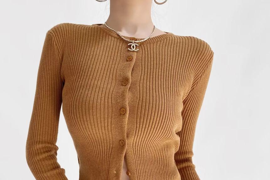 Long-Sleeve Crew Neck Button Ribbed Crop Knit Top Product Image