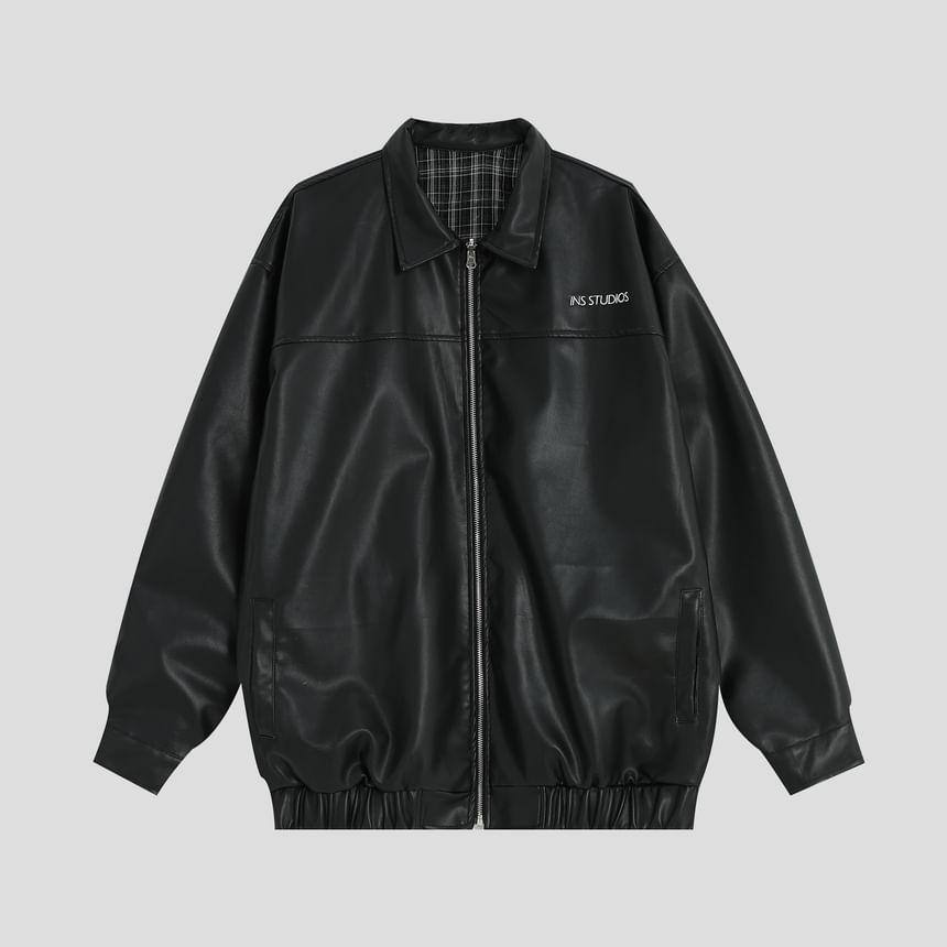 Collared Faux Leather Zip-Up Jacket Product Image