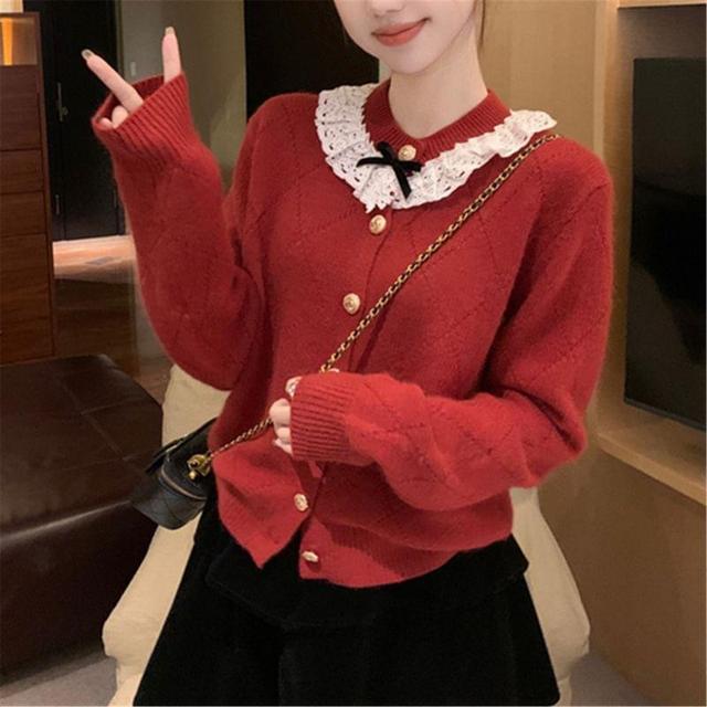 Round Neck Bow Lace Trim Cardigan Product Image