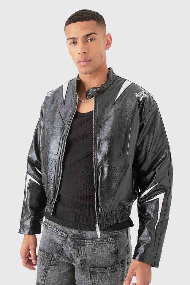 Boxy Fit Pu Panel Moto Bomber | boohooMAN USA Product Image