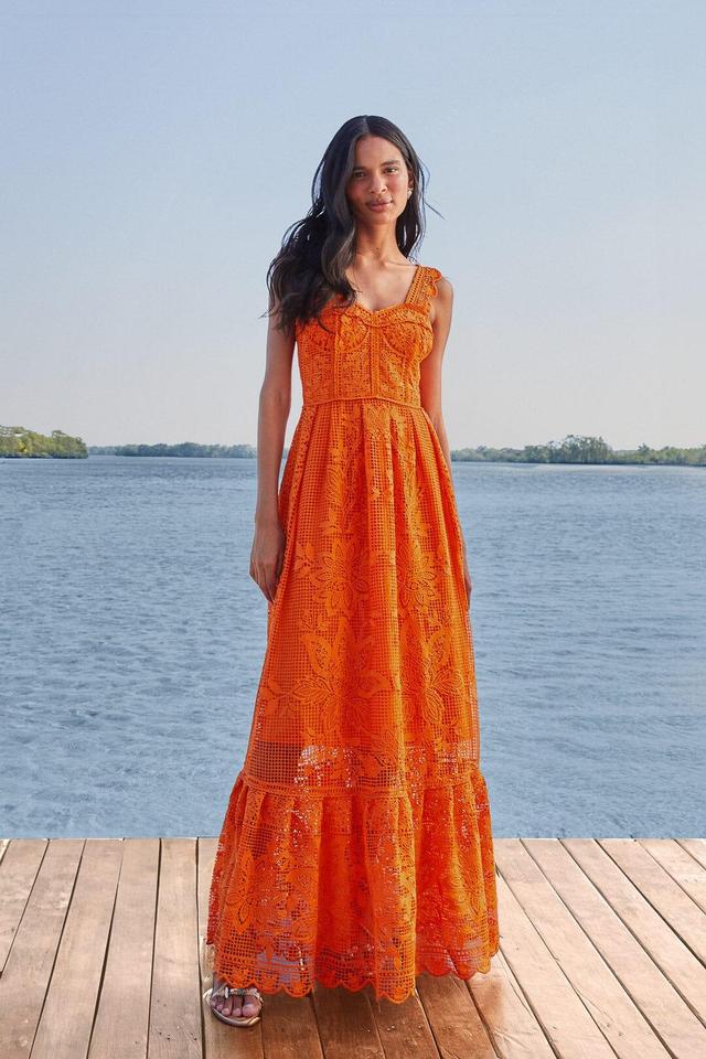 Orange Guipure Sleeveless Maxi Dress, ORANGE / M Product Image