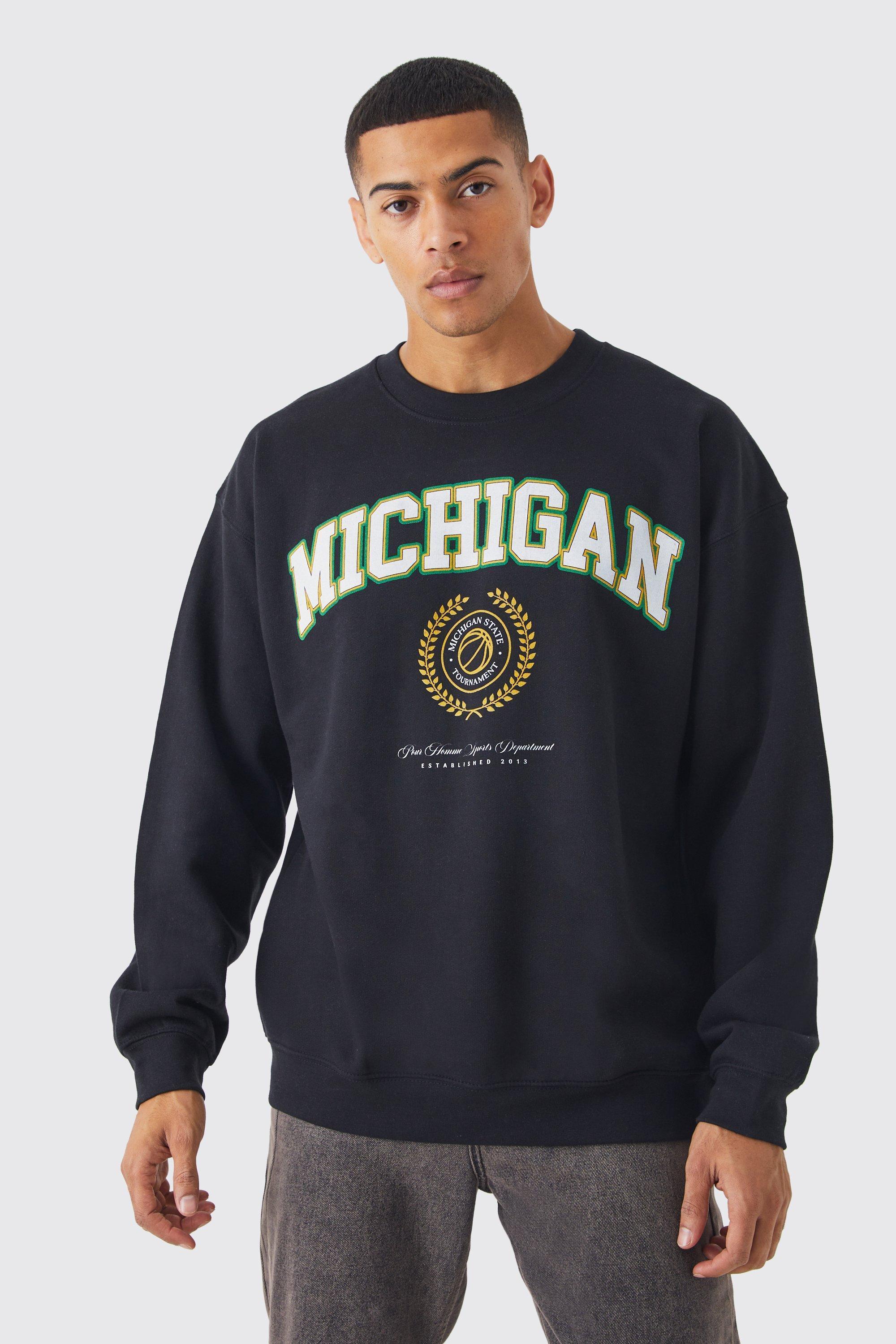 Mens Black Oversized Michigan Print Sweatshirt, Black Product Image