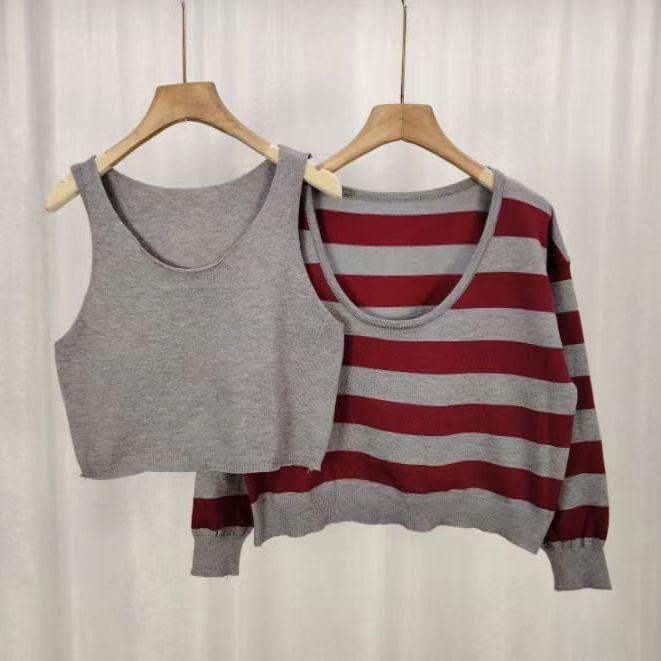 Set: Scoop Neck Plain Crop Tank Top + Striped Sweater Product Image